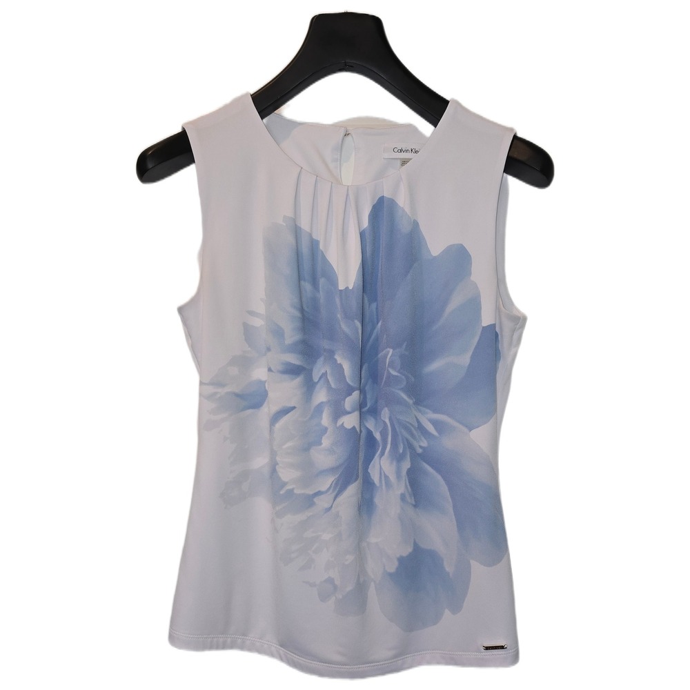 Calvin Klein Womens White Blue Floral Sleeveless Pleated Blouse Top Size‎ S